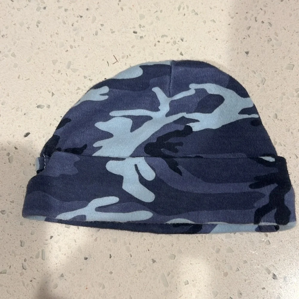 Three pairs of newborn mittens and one hat blue camo white stripes baby hospital